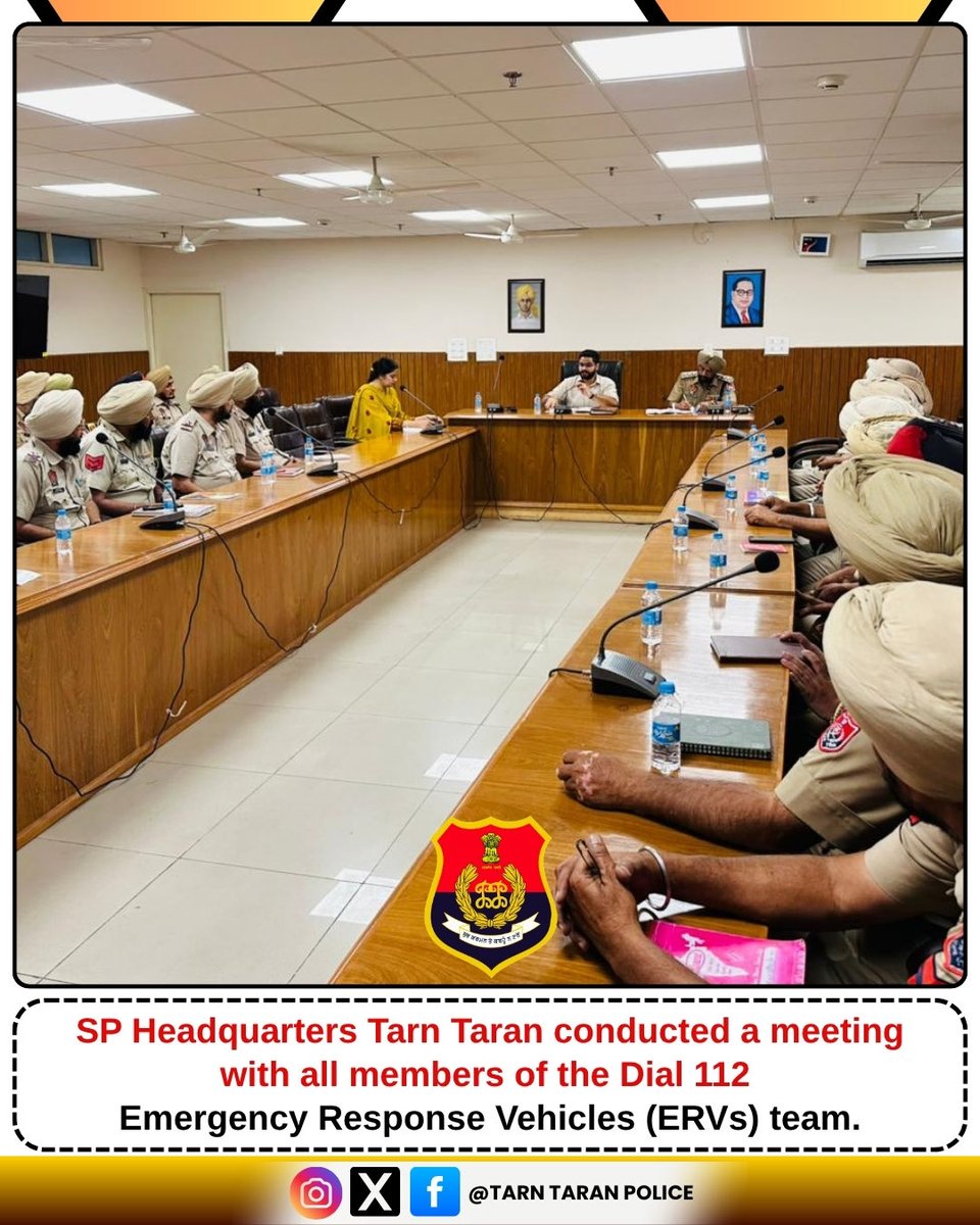 TarnTaranPolice's tweet image. 🚨 Review Meeting Held for Dial 112 ERVs in Tarn Taran 🚨
SP Headquarters Tarn Taran conducted a meeting with all members of the Dial 112 Emergency Response Vehicles (ERVs) team.
#TarnTaranPolice #Dial112 #EmergencyResponse #PublicSafety #PunjabPolice #ServiceWithDedication