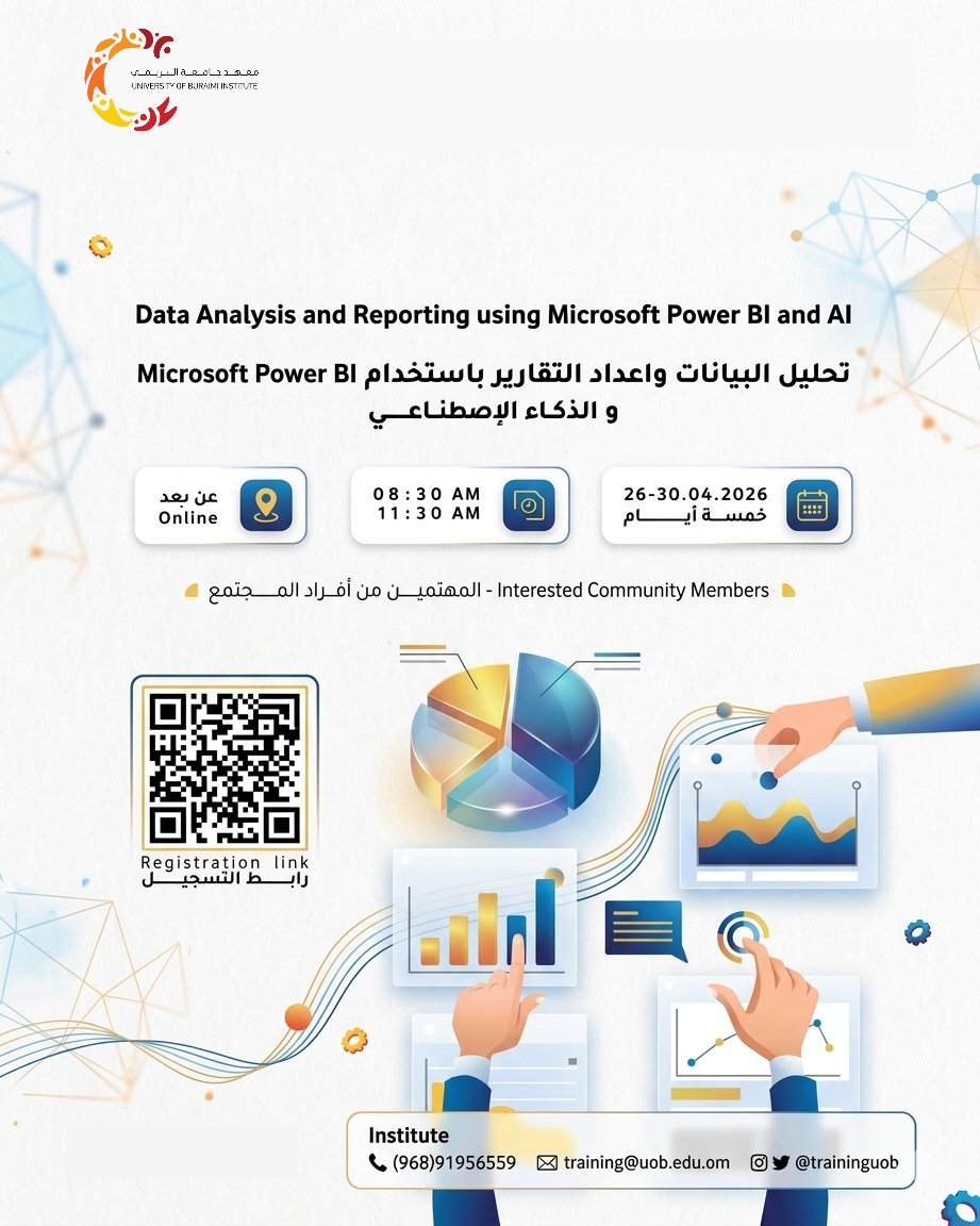 traininguob's tweet photo. تحليل البيانات وإعداد التقارير باستخدام (Microsoft Power BI) والذكاء الإصطناعي

Data Analysis and Reporting using #Microsoft #PowerBI and #AI

#DataAnalytics #DataVisualization #BusinessIntelligence #Excel #Microsoft365 #Dashboard
@uoboman
#Buraimi https://t.co/hiteirTfbc
