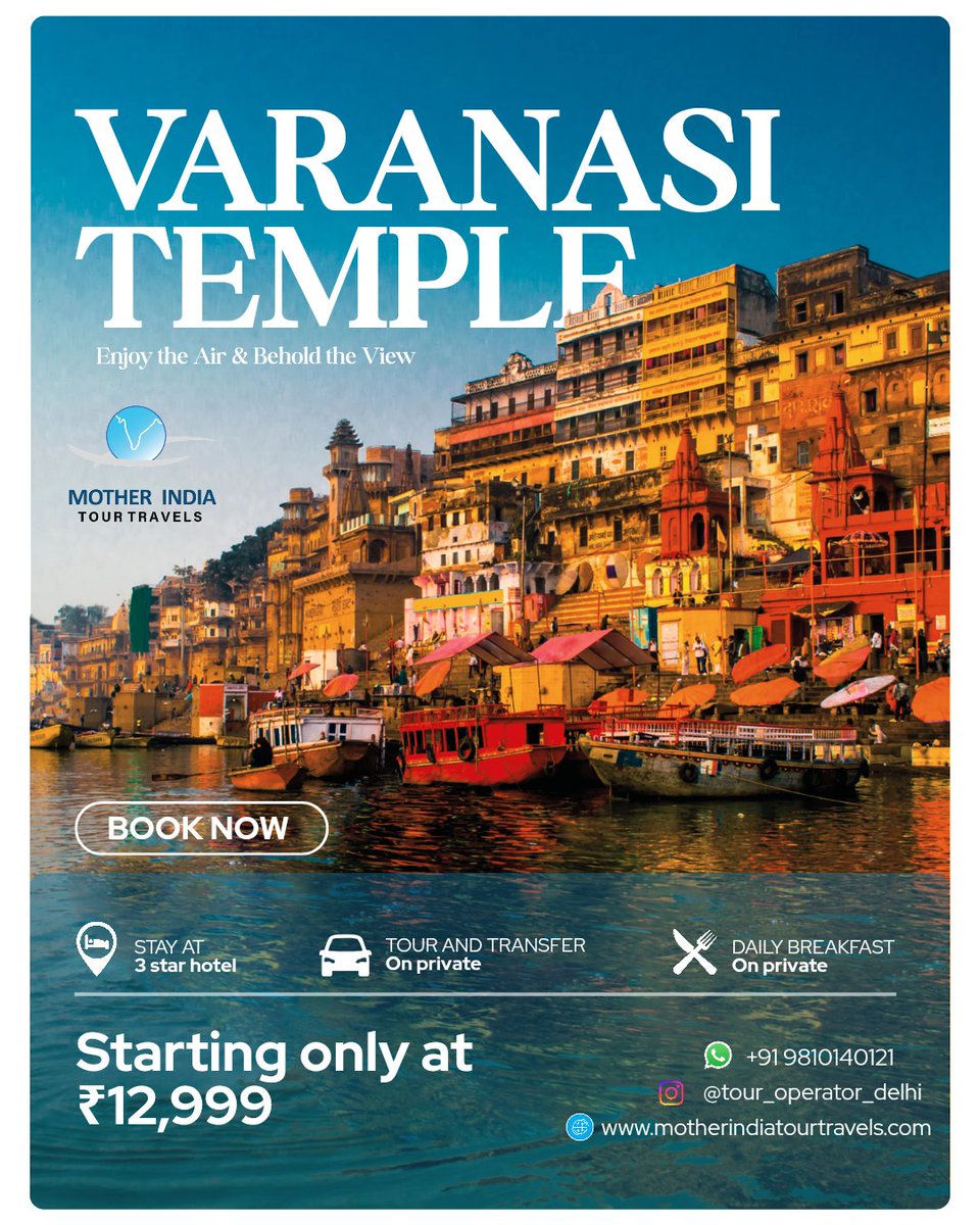 TravelsZ's tweet photo. Varanasi- Kashi yatra 🔱 - Temple tour 
Explore spirituality land of Kashi with us .
🌐 https://t.co/DbNexnqs29 

We have tours also Varanasi ! Ayodhya ! Prayagraj 

We can arrange tailor-made tour as per your plan ✅️ 

Mother India Tour Travels 
Call/whats app +91 9810140121 https://t.co/DozeN4VLlr