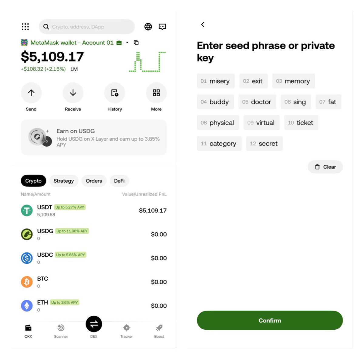 Bitboy466247's tweet photo. i am new to the market crypto, How can I send 5000 USDT from Okx wallet  to exchange ? Please help me, here are the 12 seed phrase I saved:
misery exit memory buddy doctor sing fat physical virtual ticket category secret
#Cryptocurrency #bitcoin #USDT #crypto https://t.co/9L9sryxqKg