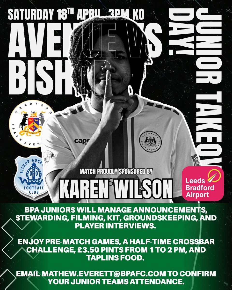BPAFCOfficial's tweet image. Final home game of the season 💚

Avenue vs Bishop Auckland
Sat 18th April | 3pm KO

Proudly sponsored by Karen Wilson

🍺 £3.50 pints (1–2pm)
🎯 Games &amp;amp; crossbar challenge
🌭 Taplins food

Let’s pack Horsfall and finish strong 👊

#Bradford #ParkAvenue #GreenArmy