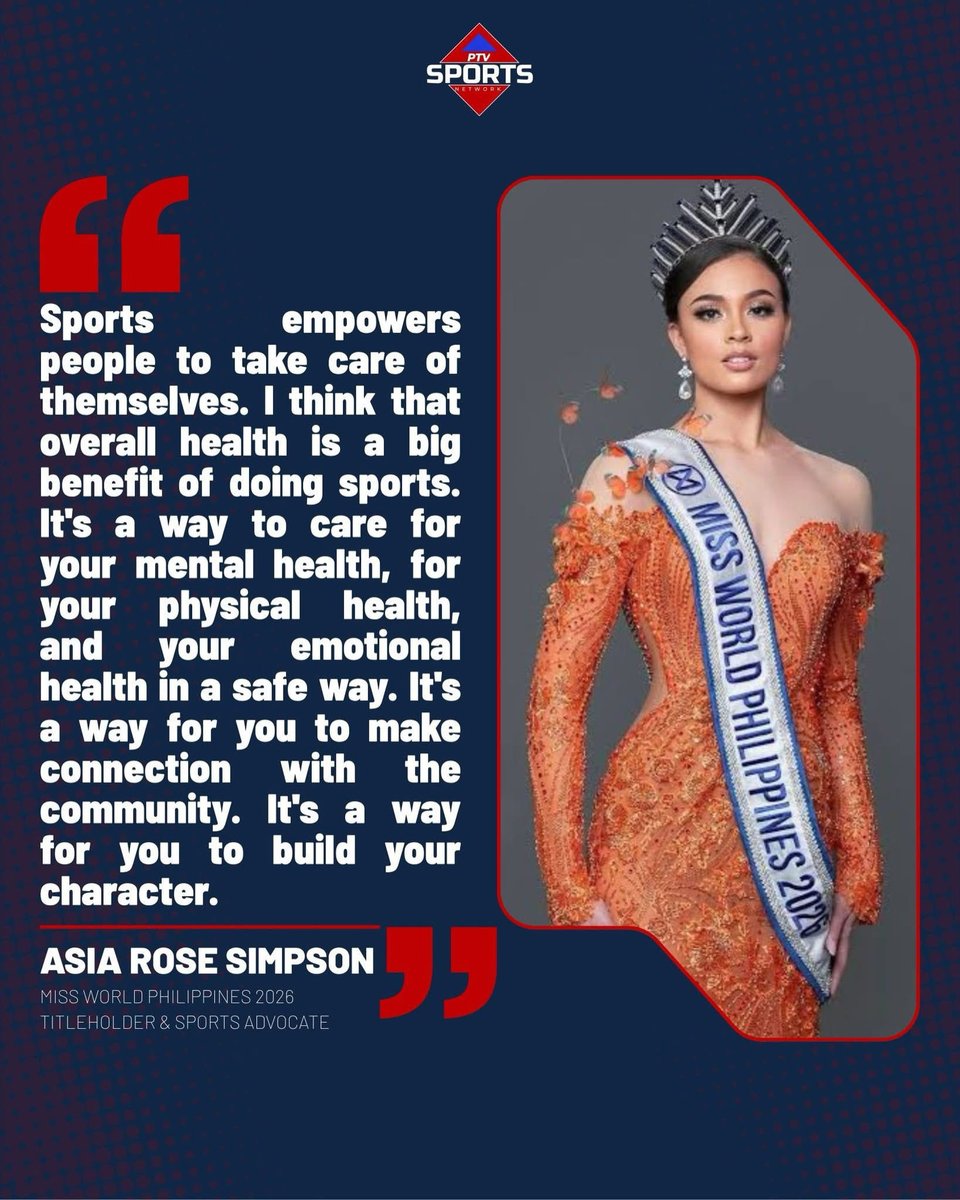 __PTVSports's tweet photo. Sports advocate and Miss World Philippines 2026 titleholder Asia Rose Simpson on the importance of sports in people's lives. 

Watch the full interview here:
https://t.co/6Wtml44mTS

📷 Miss World

#MissWorldPhilippines2026 
#PTVSports
#PTVSportsNetwork
#ParaSaBayan https://t.co/ZquZIc9eJQ