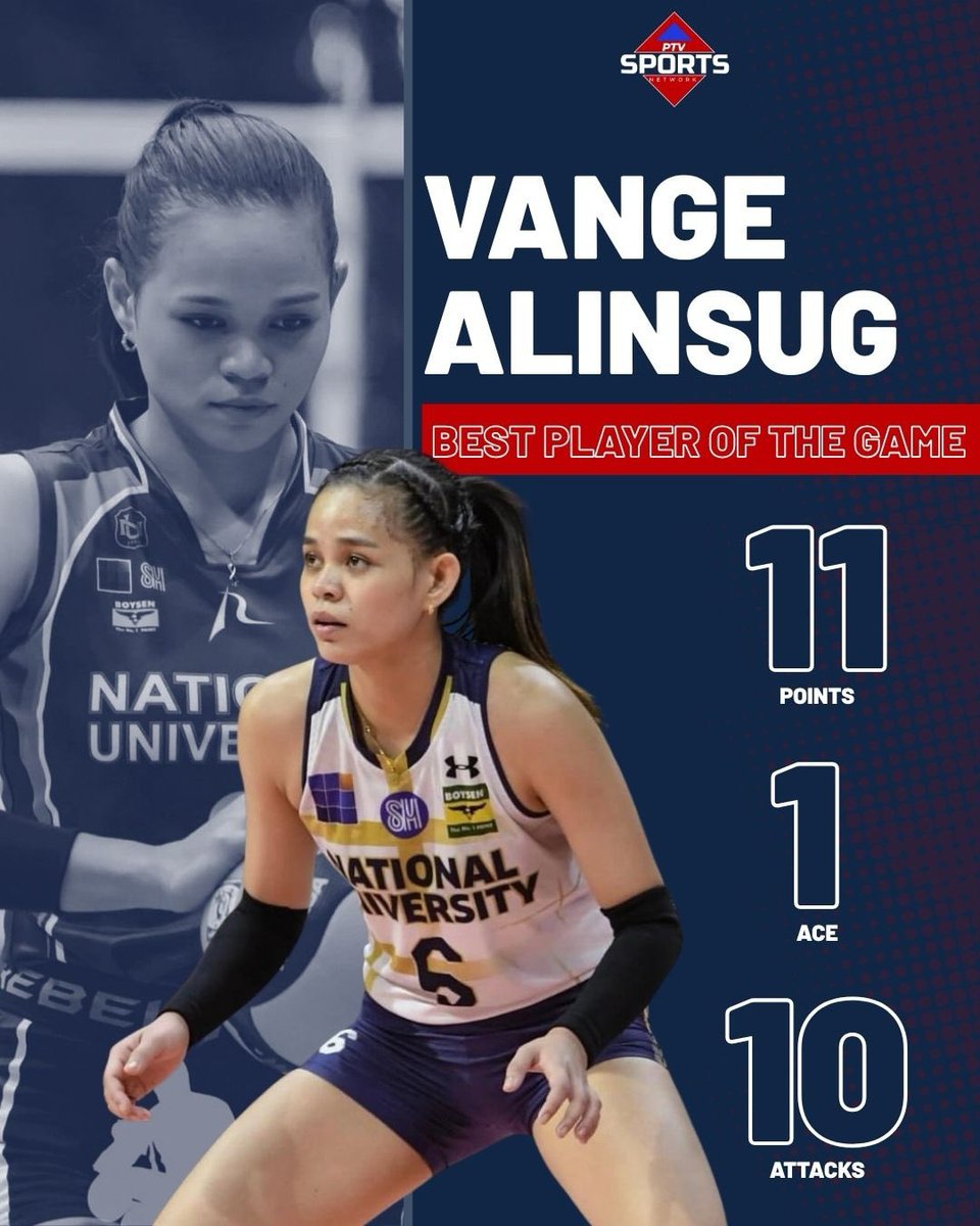 __PTVSports's tweet photo. ALINSUG DOMINATES! 🔥🏐

Kinilala bilang Player of the Game si Vange Alinsug ng NU Lady Bulldogs matapos magpakitang-gilas sa UAAP Season 88 Women’s Volleyball kung saan nagtala siya ng 11 points, 1 ace at 10 attacks. 

📸 Vance Alinsug 

#UAAPSeason88WomenVolleyball
#UAAP https://t.co/ggs3zesVFR