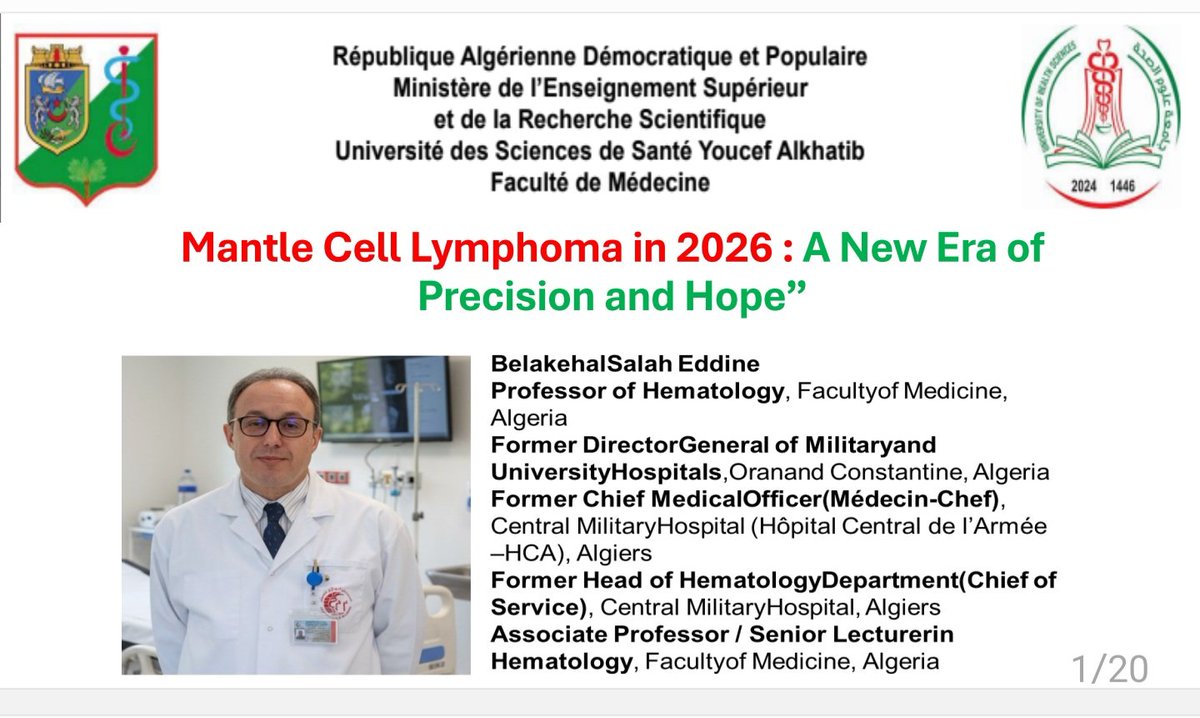 PrBelakehalHema's tweet image. 🔬 LCM 2026 : Vers le "Chemo-Free" !
​Ma présentation aux journées de la SAHTC a souligné :
✅ Domination des iBTK &amp;amp; Bispécifiques.
✅ Révolution des CAR-T en 2ème ligne.
✅ Pilotage par la MRD et statut TP53.
​L'innovation au service de la précision !

​#Hématologie #LCM #SAHTC