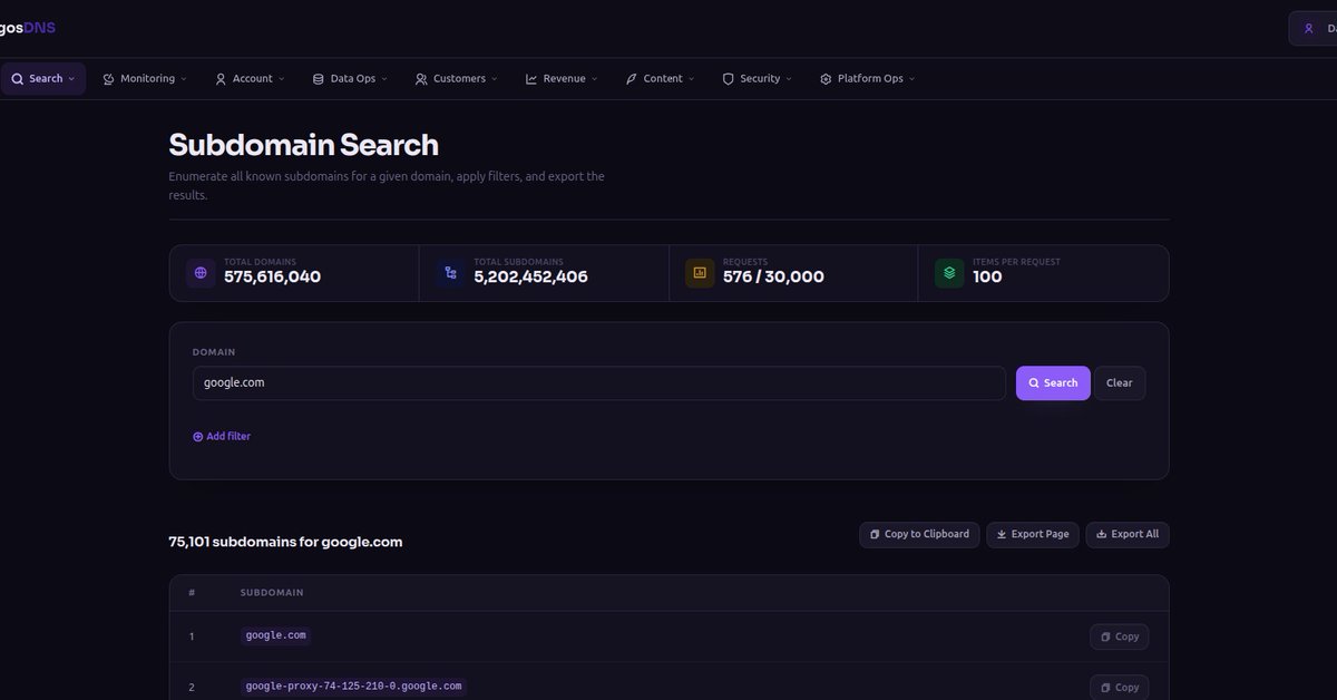 damian_89_'s tweet photo. Better bug bounty recon starts with better DNS data.

Search domains, enumerate subdomains, and watch for newly observed assets as they appear.