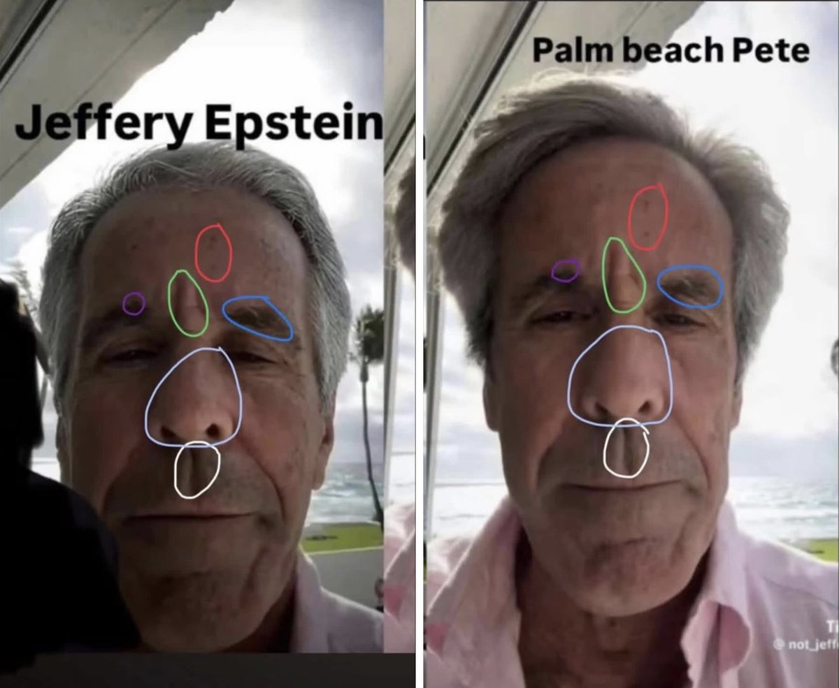TheBritishIntel's tweet photo. The resemblance is insane.

Left: Jeffrey Epstein.  
Right: “Palm Beach Pete”.

Same moles in the exact same spots.  
Same hairline.  
Same nose.  
Same face shape.

Thoughts? https://t.co/7VQb3VA2LR