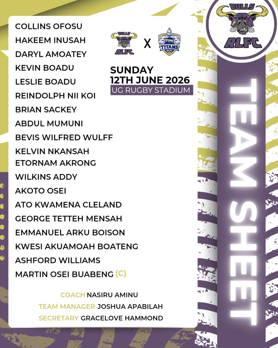 Original_Bulls's tweet photo. Squad locked.
Game mode: ON.

Today, the Bulls charge.

📍 UG Rugby Stadium
🗓 Sunday, 12 April 2026
⏰ 12PM

#BullsRLFC #StillRampaging #RagingBulls #13sMensChampionship #thisisrugbyleague https://t.co/STxQk4vUMy