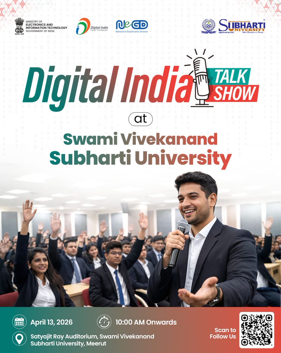_DigitalIndia's tweet image. Only 1 day to go! ⏳

Get ready for an exciting Digital India Workshop cum Interactive Session at Swami Vivekanand Subharti University 🚀
Don’t miss out on innovation, learning, and inspiration!

#Digitalindia #Talkshow