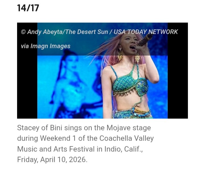 aomsdbr's tweet photo. BINI'S STACEY FEATURED ON NBC LOS ANGELESWEBSITE

"Stacey of Bini sings on the Mojave stage during Weekend 1 of the Coachella Valley Music and Arts Festival in Indio, Calif., Friday, April 10, 2026."

🔗https://t.co/cFBMWfX0yf

📸 Andy Abeyta/USA TODAY NETWORK/Imagn Images https://t.co/SeFSGyVaO3