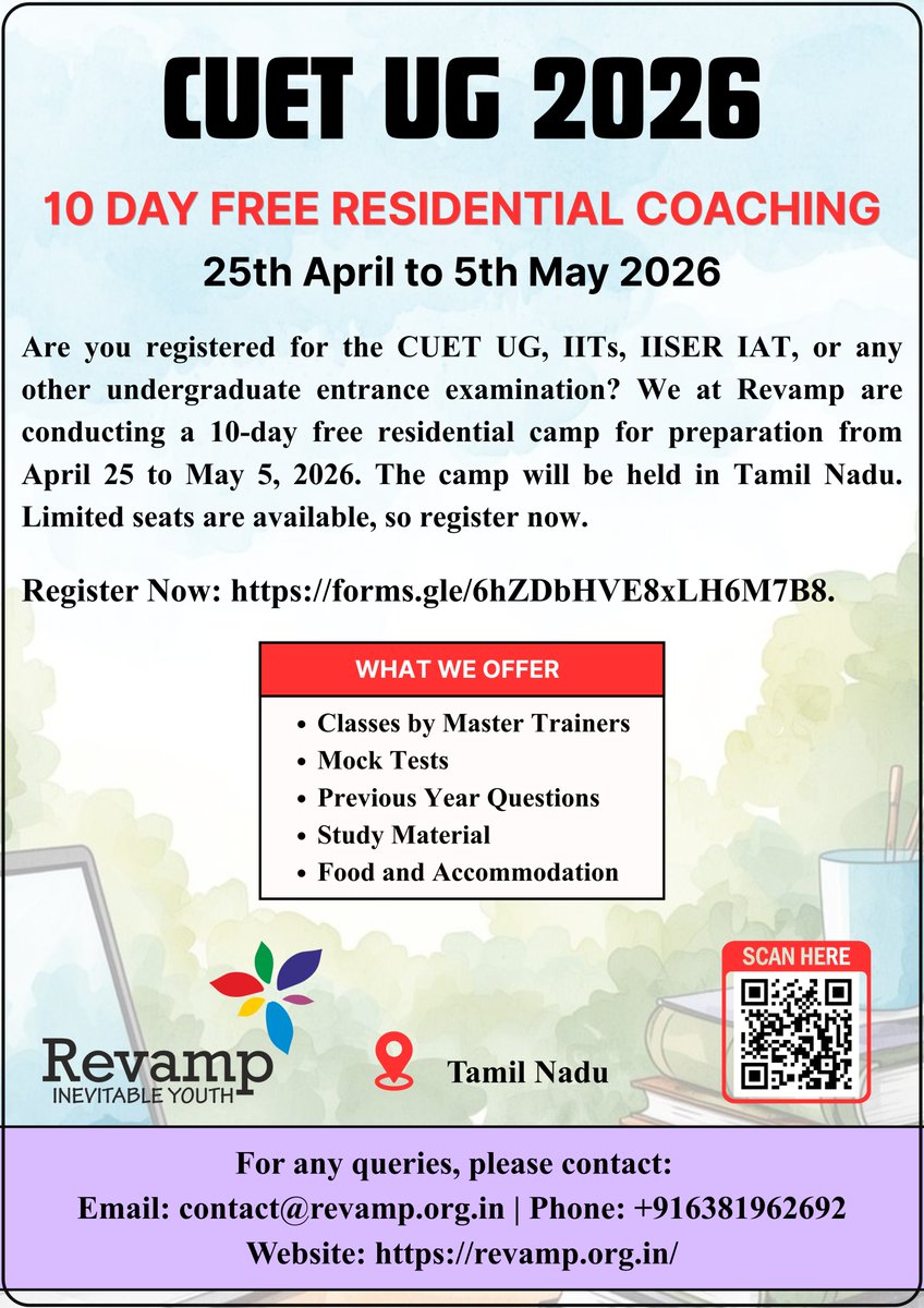 Org_Revamp's tweet photo. CUET UG 2026 10 - Day Free Residential Camp 

Are you registered for the CUET UG, IITs, IISER IAT, or any other undergraduate entrance examination? We at Revamp are conducting a 10-day free residential camp https://t.co/d4fVwJBt29