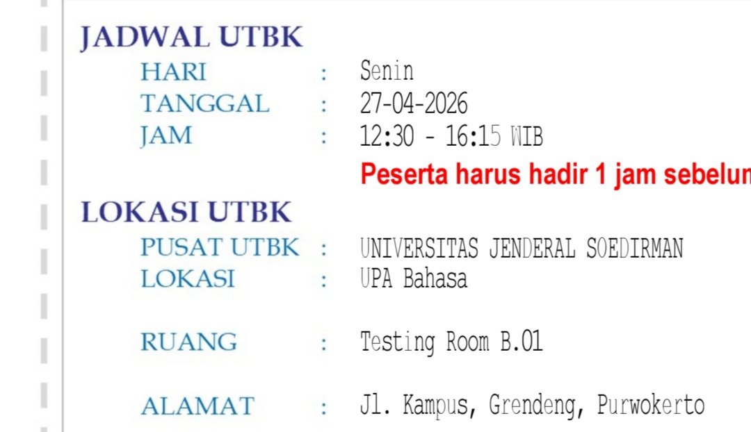 robinxye's tweet photo. @utbkcak guys ada yg sama gak? unsoed tgl 27 april sesi siang upa bahasa https://t.co/Qe0tJJ2KOP