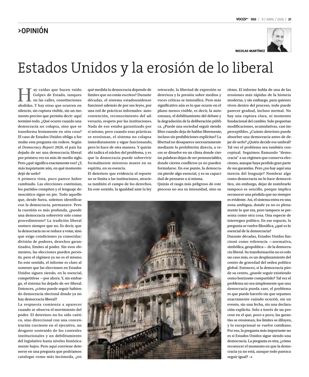 NicolasM_Filo's tweet photo. No siempre hay golpes de Estado.
A veces, la democracia simplemente se vacía por dentro.
Mi columna para @SemanarioVoces sobre Estados Unidos y la erosión de lo liberal.

https://t.co/A7tQlXTP8I https://t.co/28gIDu2BI3