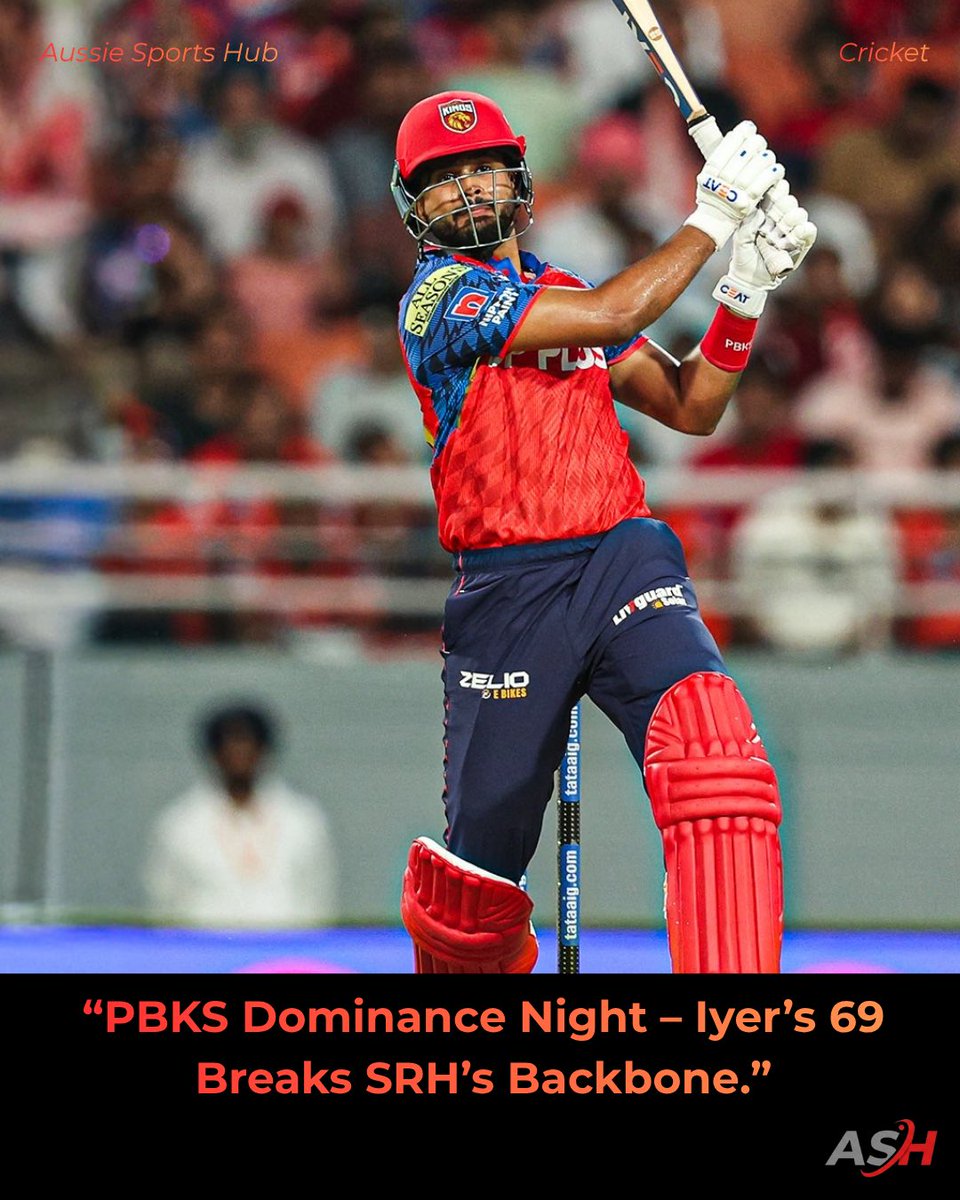 aussiesportshub's tweet photo. Shreyas Iyer: 69 off 33. Pure dominance.

SRH bowlers still searching for a plan.

#PBKS #SRHvsPBKS #IPL2026 #ShreyasIyer #IPL
#PunjabKings #SunrisersHyderabad #CricketTwitter
#IPLFever #T20Cricket #IPLHighlights 
#CricketUpdates #IPLMatch #CricketTrending #aussiesportshub https://t.co/JleximCzA9