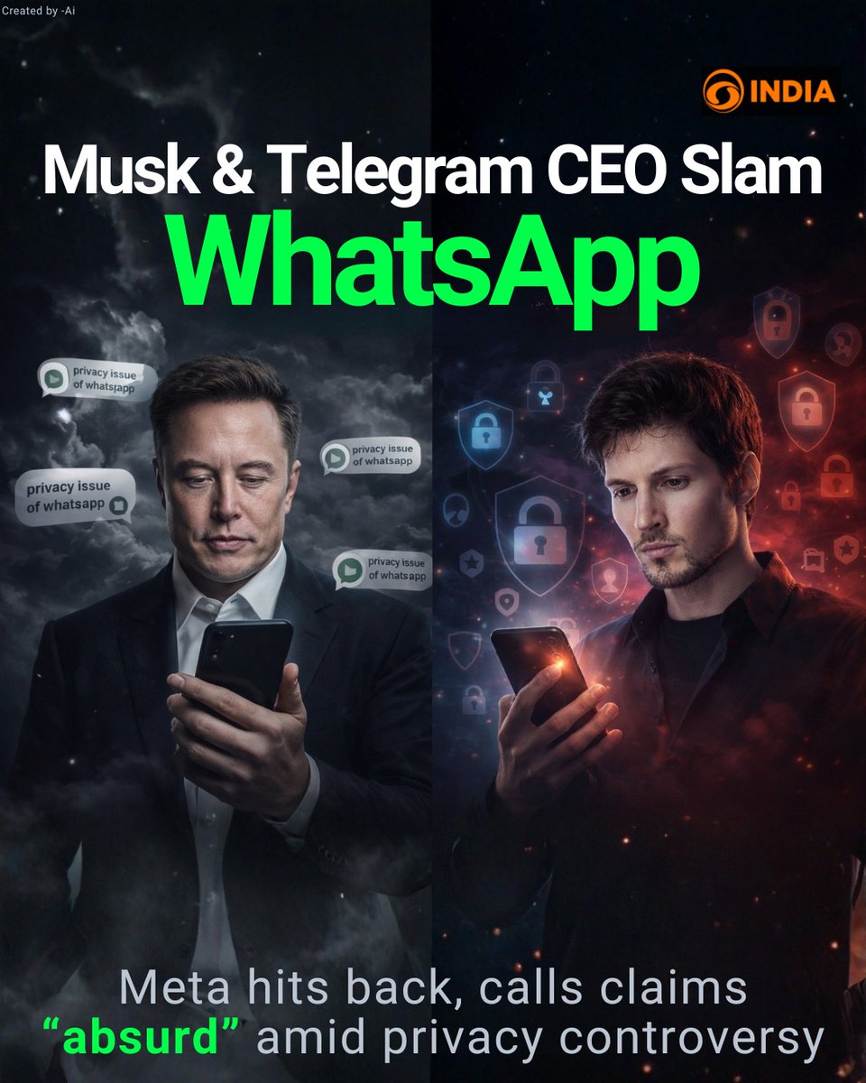 DDIndialive's tweet image. Musk and Telegram CEO question WhatsApp’s security amid a US privacy lawsuit.
Meta denies all claims, calling them “false and absurd,” and says chats remain protected with end-to-end encryption.

#WhatsApp #Meta #ElonMusk #PavelDurov #DataPrivacy #CyberSecurity #Encryption