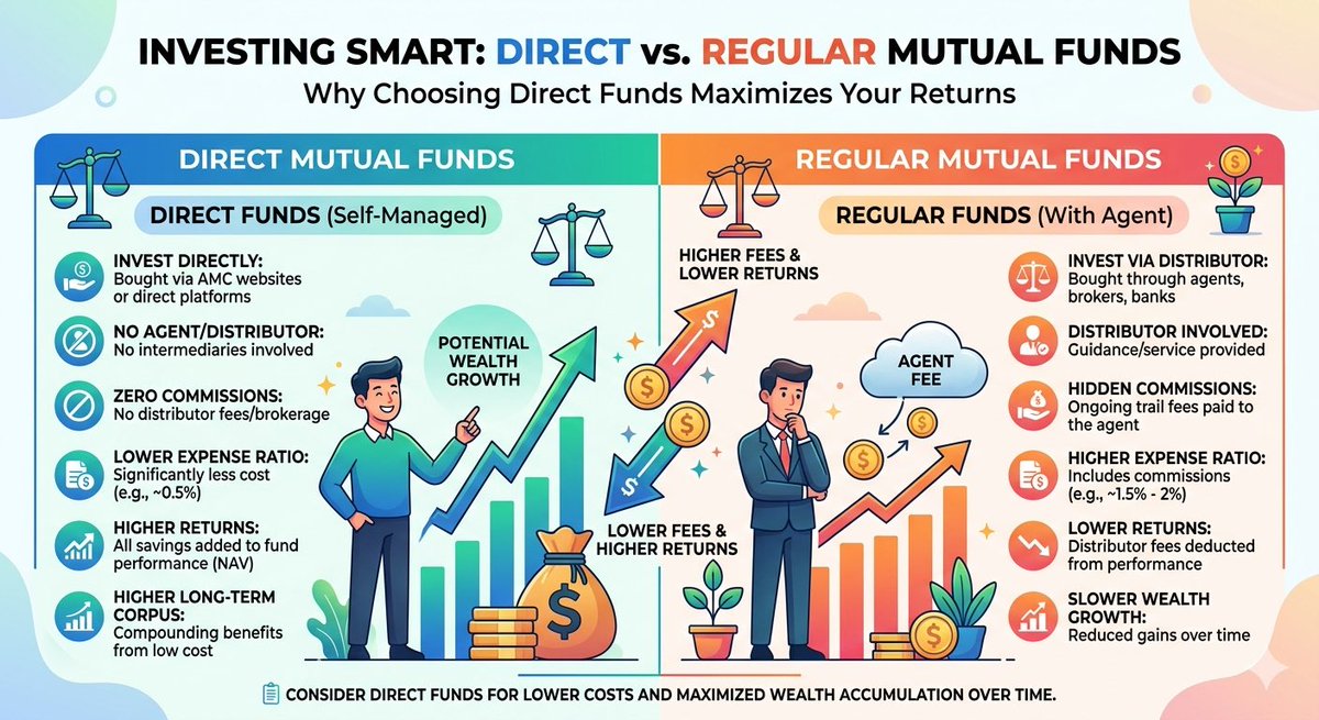 vini546's tweet image. చాలా మంది తెలుగు యువత అడుగుతున్నారు .. Direct mutual funds లో invest చెయ్యాలా లేక Regular ఆ అని .. here is the detailed post 👇👇

✔️✔️ Always invest in “Direct” mutual funds. 

Why 🤔🤔 here you go 

#MF #MutualFunds #Direct #Regular