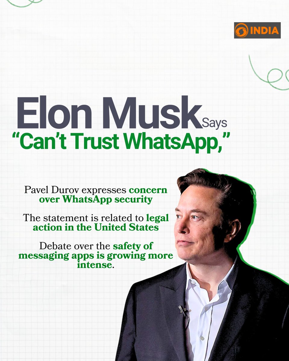 DDIndialive's tweet image. Musk and Telegram CEO question WhatsApp’s security amid a US privacy lawsuit.
Meta denies all claims, calling them “false and absurd,” and says chats remain protected with end-to-end encryption.

#WhatsApp #Meta #ElonMusk #PavelDurov #DataPrivacy #CyberSecurity #Encryption