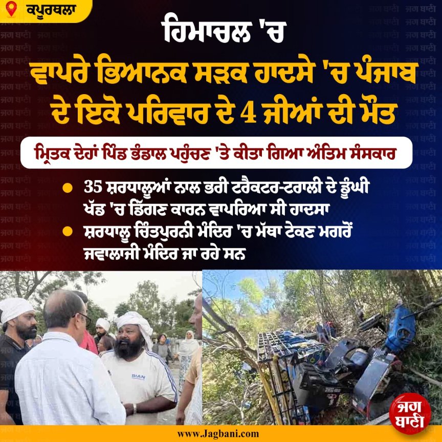 JagbaniOnline's tweet photo. ਕਪੂਰਥਲਾ: ਹਿਮਾਚਲ 'ਚ ਵਾਪਰੇ ਭਿਆਨਕ ਸੜਕ ਹਾਦਸੇ 'ਚ ਪੰਜਾਬ ਦੇ ਇਕੋ ਪਰਿਵਾਰ ਦੇ 4 ਜੀਆਂ ਦੀ ਮੌਤ
#Kapurthala #FourMembers #PunjabDied #HorrificRoadAccidentHimachal https://t.co/F2HllHsJmS