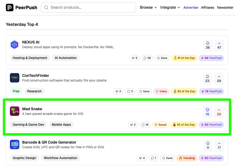 madsnakegame's tweet photo. Mad Snake took #3 yesterday on @peerpush_net  as Product of the Day! 🎉🐍🥉

Congrats to @nexusai_apps, ConTechFinder and Barcode &amp; QR Code Generator, too! https://t.co/NUOoR6B4Zg