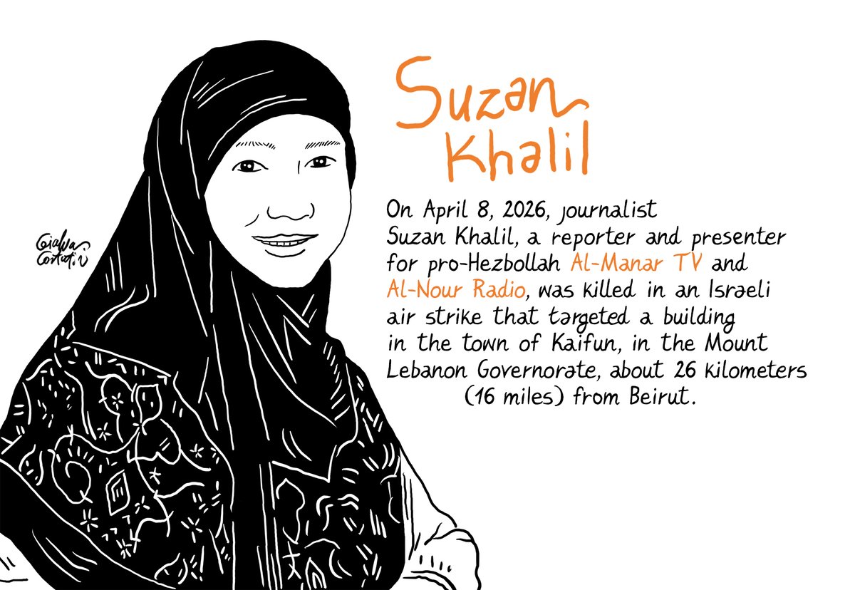 channeldraw's tweet photo. On April 8, 2026, journalist Suzan Khalil, a reporter and presenter for pro-Hezbollah Al-Manar TV and @alnourradio, was killed in an Israeli air strike that targeted a building in the town of #Kaifun, in the Mount #Lebanon Governorate, about 26 kilometers (16 miles) from #Beirut.

The strike came amid an escalation in Israeli bombardment of Lebanon, hours after a ceasefire between Iran, Israel, and the U.S. was announced. Israel said it would continue strikes in Lebanon.

@pressfreedom @CPJMENA 

To see all the portraits of journalists killed in Lebanon: https://t.co/p2I0YafqoK
