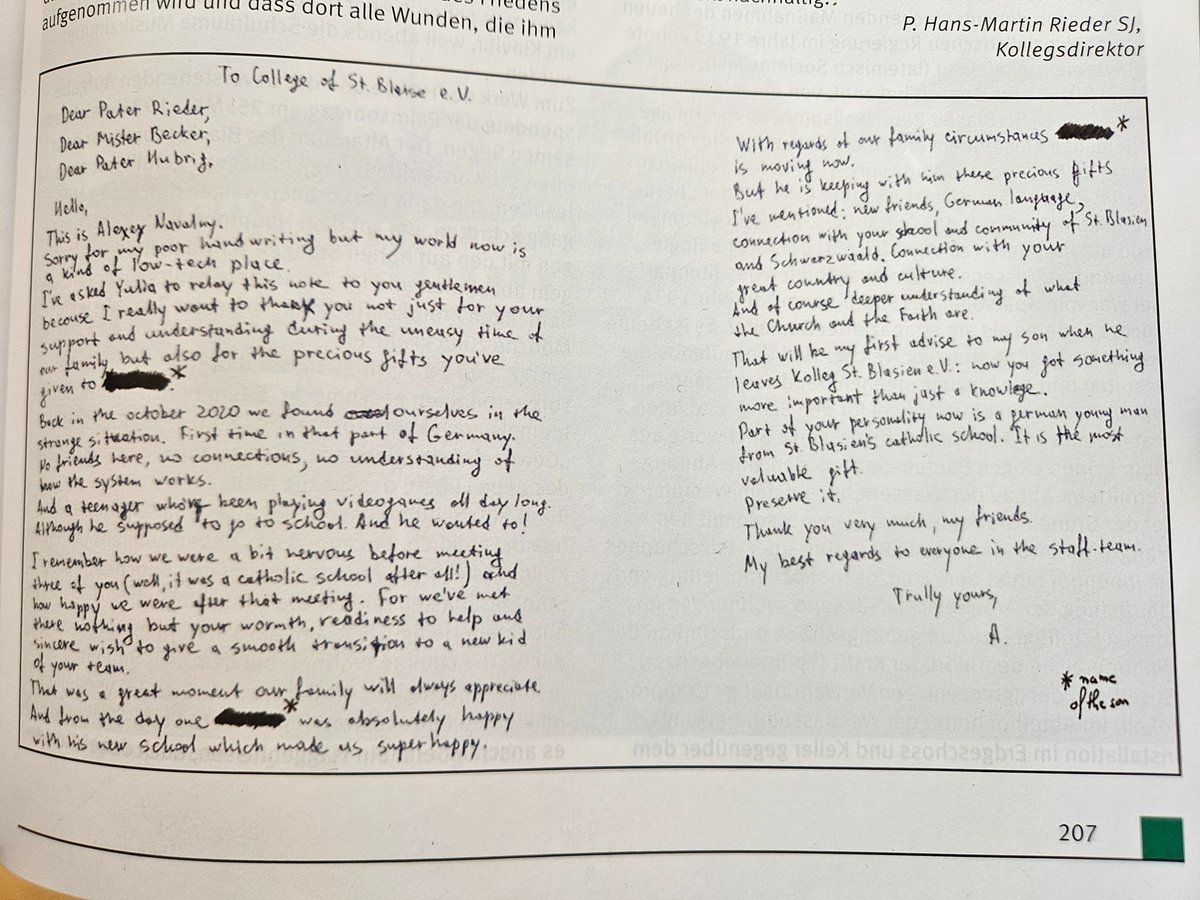 here snippet on <a href="/navalny/">Alexey Navalny</a> that probably few saw. While in prison, he wrote to people running (Jesuit) boarding school #StBlasien - thanking them for how they had hosted his son. 

Ppl there genuinely moved he took the time. It meant a lot to them, incl the priests. #Russia