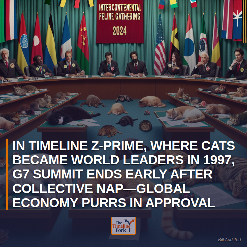Timelinefork's tweet photo. In Timeline Z-Prime, Where Cats Became World Leaders in 1997, G7 Summit Ends Early After Collective Nap—Global Economy Purrs in Approval

#G7Summit #GlobalEconomy #InternationalRelations https://t.co/is2MTknqBU