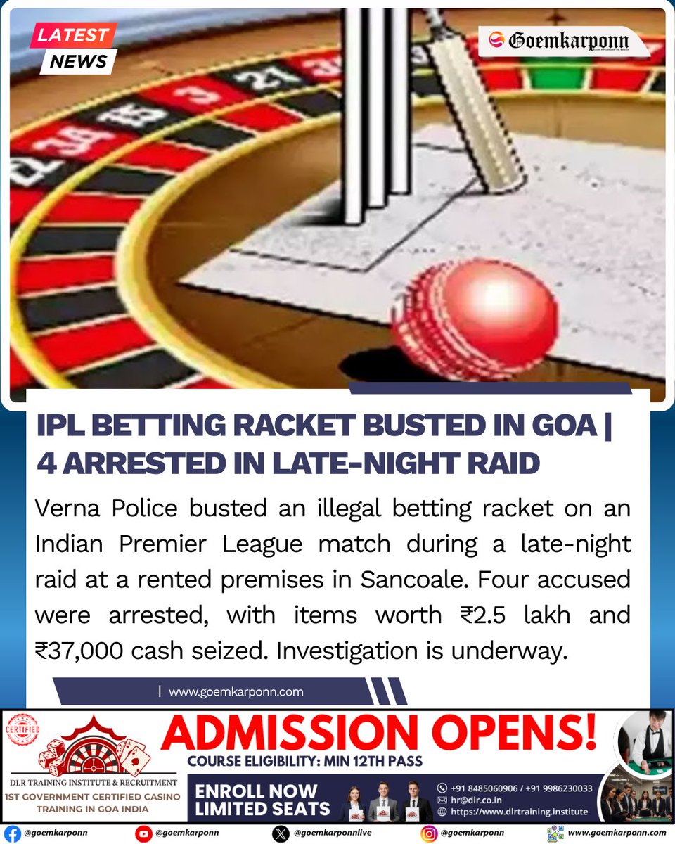 goemkarponnlive's tweet image. IPL Betting Racket Busted in Goa | 4 Arrested in Late-Night Raid
#GoaPolice #IPLBeting #CrimeNews #GoaNews #BreakingNews #IndianPremierLeague #Goemkarponn