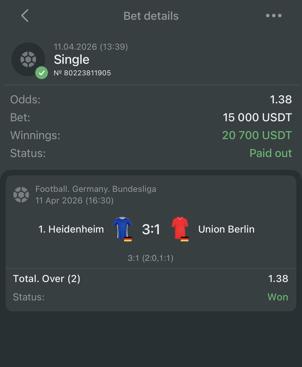 bankotipster_'s tweet image. ✅ Kazandırmaya Devam Ediyoruz. Bizi takip etmeye devam edin

#Heidenheim       🆚 #Union Berlin        
 
💵 Kazanç : 20.700 usd       

▶️ #Melbet   : ➡️  
▶️PROMOKOD : Viptipster 

( Promokod ile Kayıt Ol, 10.400 TL İlk Yatırım Bonusunu Al)

#1xbet