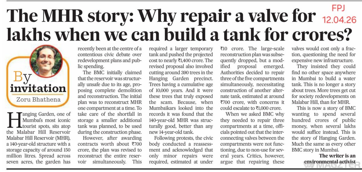 The story of the Malabar Hill Reservoir
( on the roof of which stands the iconic Hanging Garden )

A now-standard BMC story