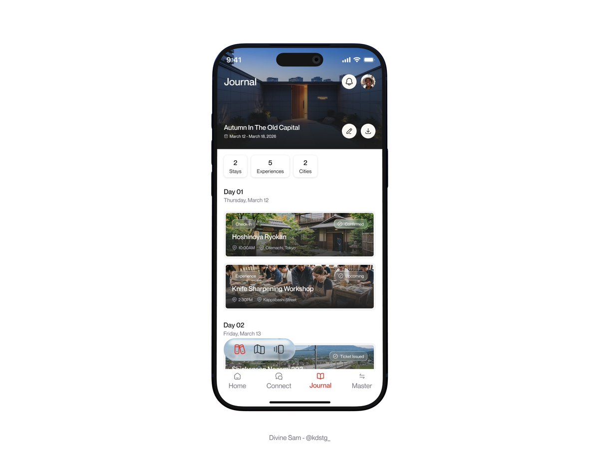 UI Shots:

The Personal Journal &amp; Living Itinerary

I replaced the usual static PDF itineraries with a Living Timeline. Each booking is an interactive node that updates in real-time with transportation gate changes and check-in windows.

Included a sub navigation bar for users to