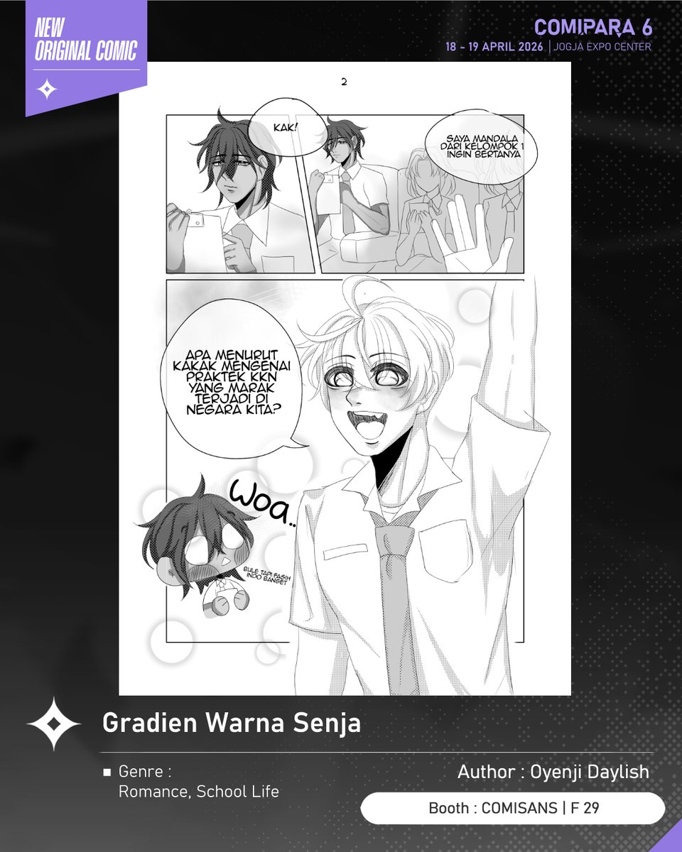 comipara_id's tweet image. [COMIC RAID]
Author: Oyenji Daylish
Booth: F 29  -  COMISANS

Ada juga komik baru karya Kak Oyenji Daylish, berjudul "Gradien Warna Senja" yang akan dijual di Comipara 6 besok lho!

Sampai ketemu di venue! ✨

Comipara 6
18-19 April 2026
Jogja Expo Center

#comicraid6