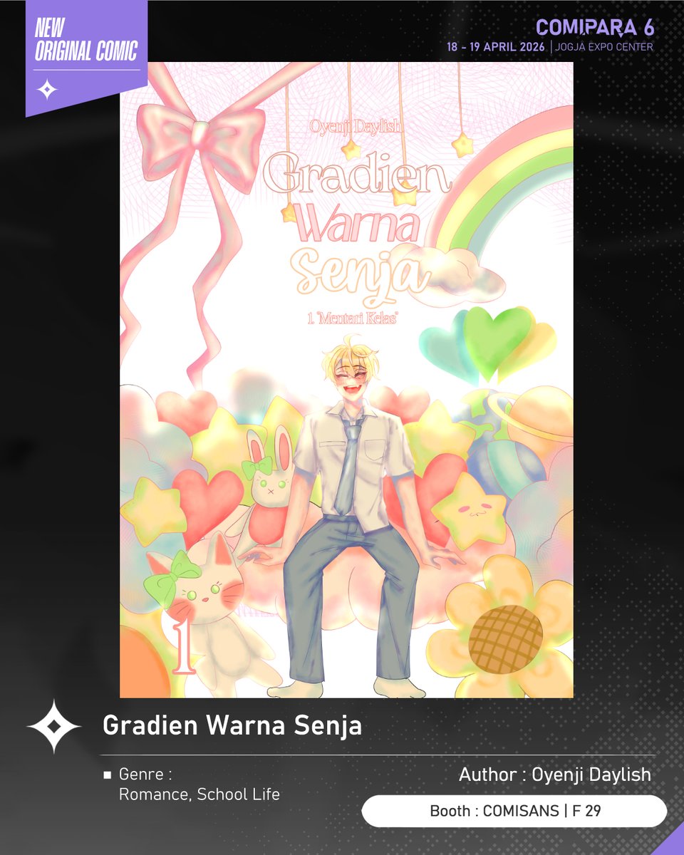 comipara_id's tweet image. [COMIC RAID]
Author: Oyenji Daylish
Booth: F 29  -  COMISANS

Ada juga komik baru karya Kak Oyenji Daylish, berjudul "Gradien Warna Senja" yang akan dijual di Comipara 6 besok lho!

Sampai ketemu di venue! ✨

Comipara 6
18-19 April 2026
Jogja Expo Center

#comicraid6