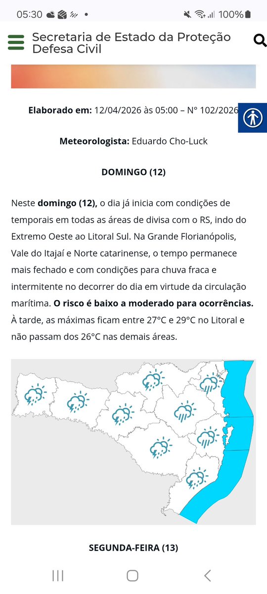 Bom dia! Alertas INMET e Defesa Civil SC para riscos associados a tempestades na manhã do domingo. #TRB #TrilhadoRiodoBoi FECHADA neste domingo 12/04/2026.