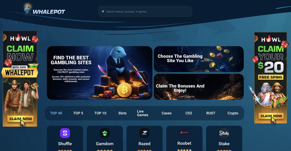 🐋 Whalepot × <a href="/howly/">Howl.GG</a> 🐋

We’ve officially partnered with Howl.gg, one of the top platforms in the space. 

🎁Claim your bonus
$20 Free Spins 
Code: WHALEPOT 
👉 howl.gg/r/whale 

More partnerships coming soon. Better deals. Bigger rewards.  

Stay early 🌊