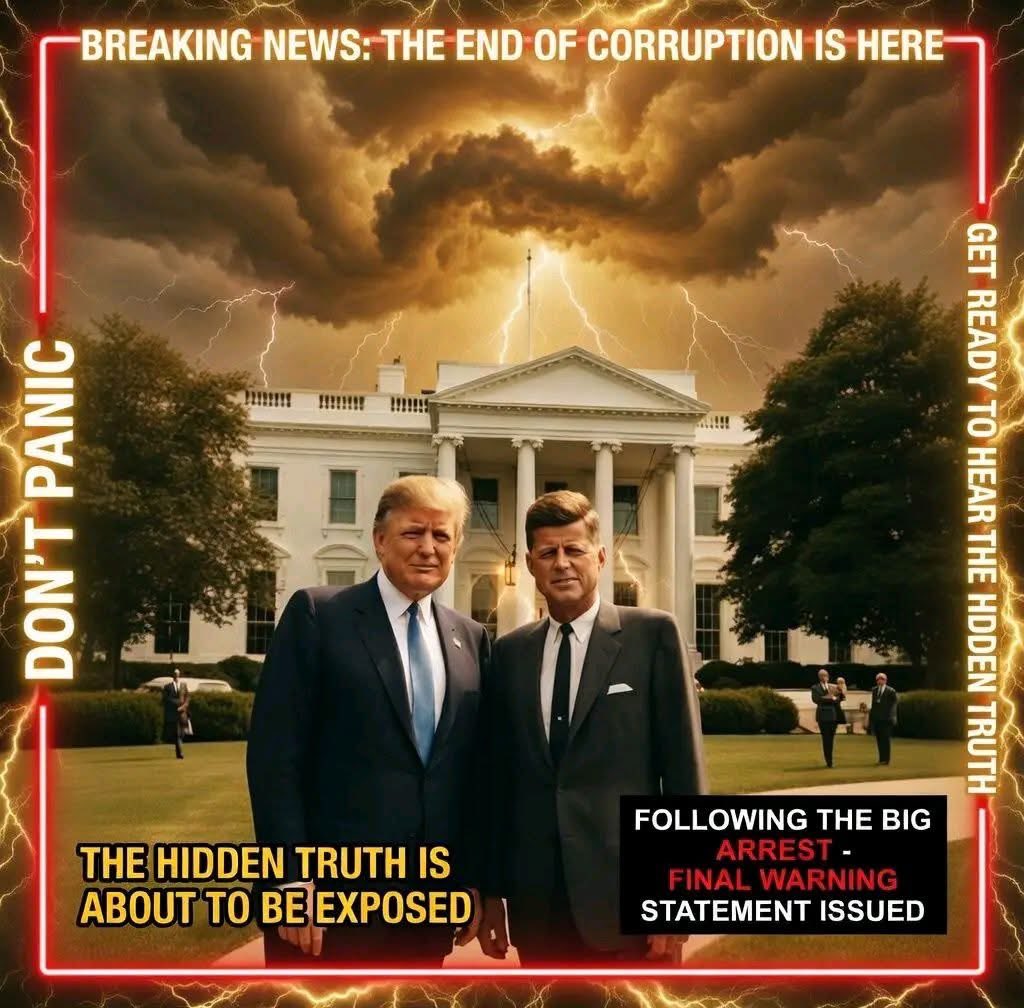 PaulGoldEagle's tweet photo. 🚨 BREAKING NEWS: THE END OF CORRUPTION IS HERE 🚨
In a moment that feels like it was written in the stars, two of America’s most iconic and polarizing figures stand shoulder-to-shoulder on the grounds of the White House under a raging thunderstorm — a visual metaphor for the turbulent times we’re living in.
On the left: President Donald J. Trump — the 45th and now 47th President of the United States, the businessman-turned-political-disruptor who promised to “drain the swamp” and has spent years battling what he calls the Deep State. Love him or hate him, no one can deny his impact on modern American politics.
On the right: John F. Kennedy — the 35th President, the young visionary, war hero, and champion of freedom whose life was tragically cut short in 1963. Known for his charisma, his call to put a man on the moon, and his famous warning about secret societies and the dangers of unchecked power.
Together they appear in this powerful, symbolic image — two leaders separated by decades, now visually united in a dramatic scene that seems to signal a historic turning point.
The message overlaid is bold and urgent:
“DON’T PANIC”
“GET READY TO HEAR THE HIDDEN TRUTH”
“THE HIDDEN TRUTH IS ABOUT TO BE EXPOSED”
“FOLLOWING THE BIG ARREST — FINAL WARNING STATEMENT ISSUED”
This image has been circulating rapidly across social media, sparking intense debate, speculation, and hope among millions who believe major revelations about government corruption, hidden operations, and accountability are finally coming to light.
Whether you see this as powerful symbolism, political theater, or the beginning of a new era, one thing is clear: America — and the world — is watching closely.
The storm is here. The lightning is striking. And many believe the days of business-as-usual in Washington are numbered.
What do you think is coming next?
Drop your thoughts below 👇
Are we witnessing the end of an era of corruption, or just another chapter in America’s dramatic political story?
Share