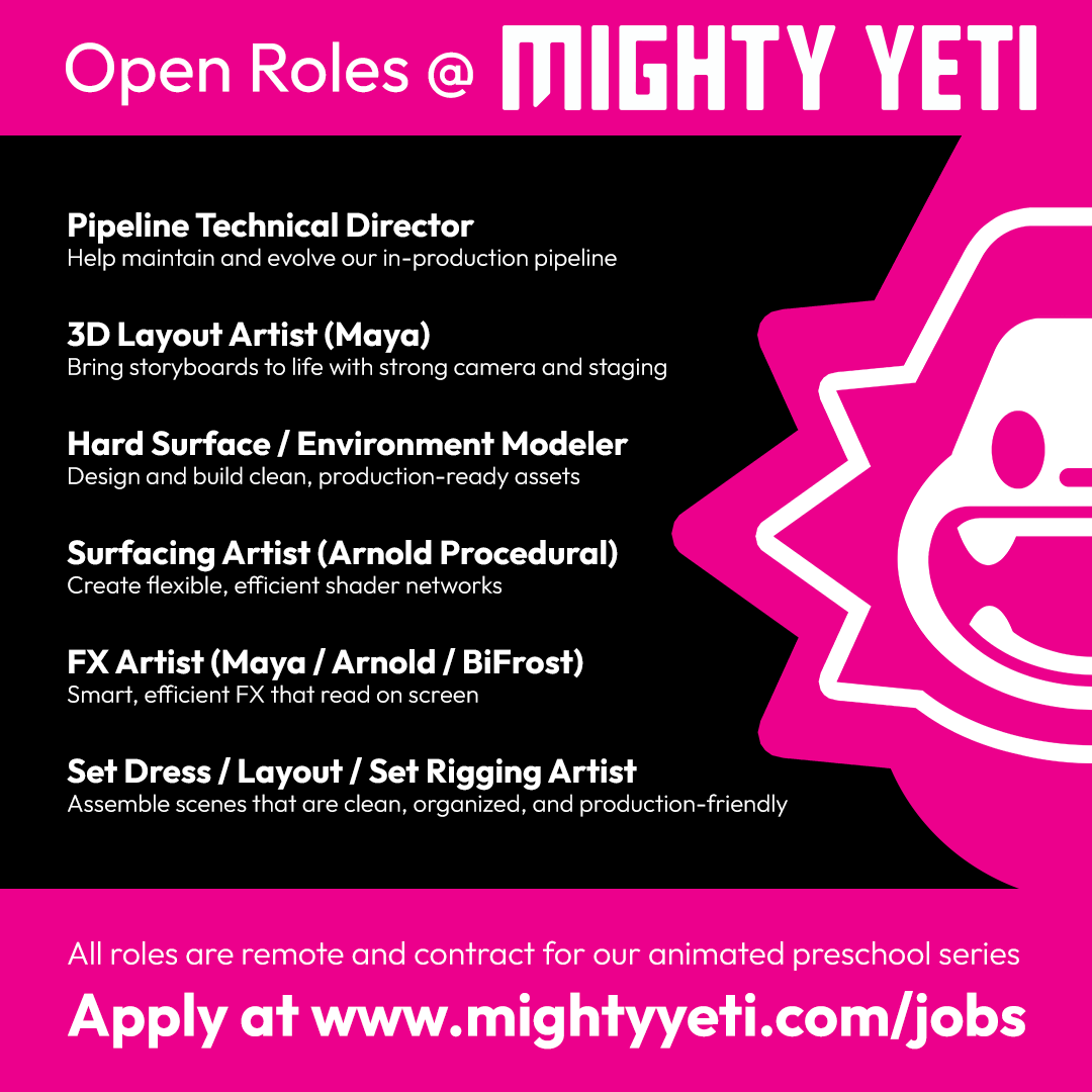 Mighty Yeti Studios is looking for talented artists to join our team.
👉 See open roles and apply: mightyyeti.com/jobs/
If you know someone great for this, feel free to pass it along.
#animationjobs #hiring #3danimation #remotework
