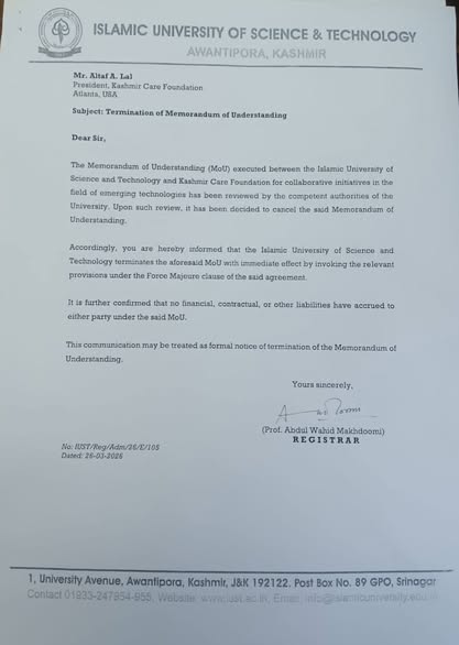 GreaterKashmir's tweet photo. Three universities in Kashmir—the University of Kashmir, the Islamic University of Science and Technology (IUST) and the Sher-e-Kashmir University of Agricultural Sciences and Technology (SKUAST-K)—have terminated their Memorandum of Understanding (MoU) with the Kashmir Care Foundation (KCF), a non-governmental organization (NGO), following concerns raised in intelligence reports