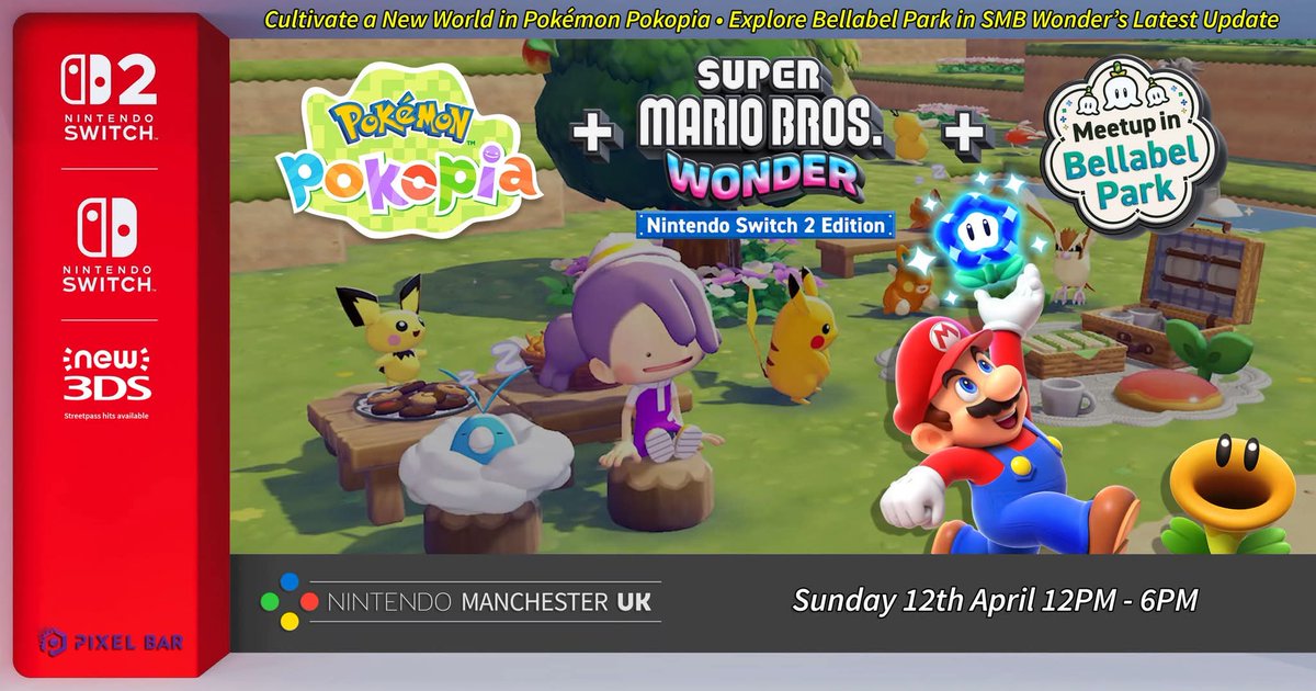 NintendoManc's tweet photo. Not long now till today's meet up, we will be hosting Pokemon PokoPia and Super Mario Bros Wonder Meetup at Bellabel Park so head on down to @PixelBars at 12pm https://t.co/jY3Czu4eZ9