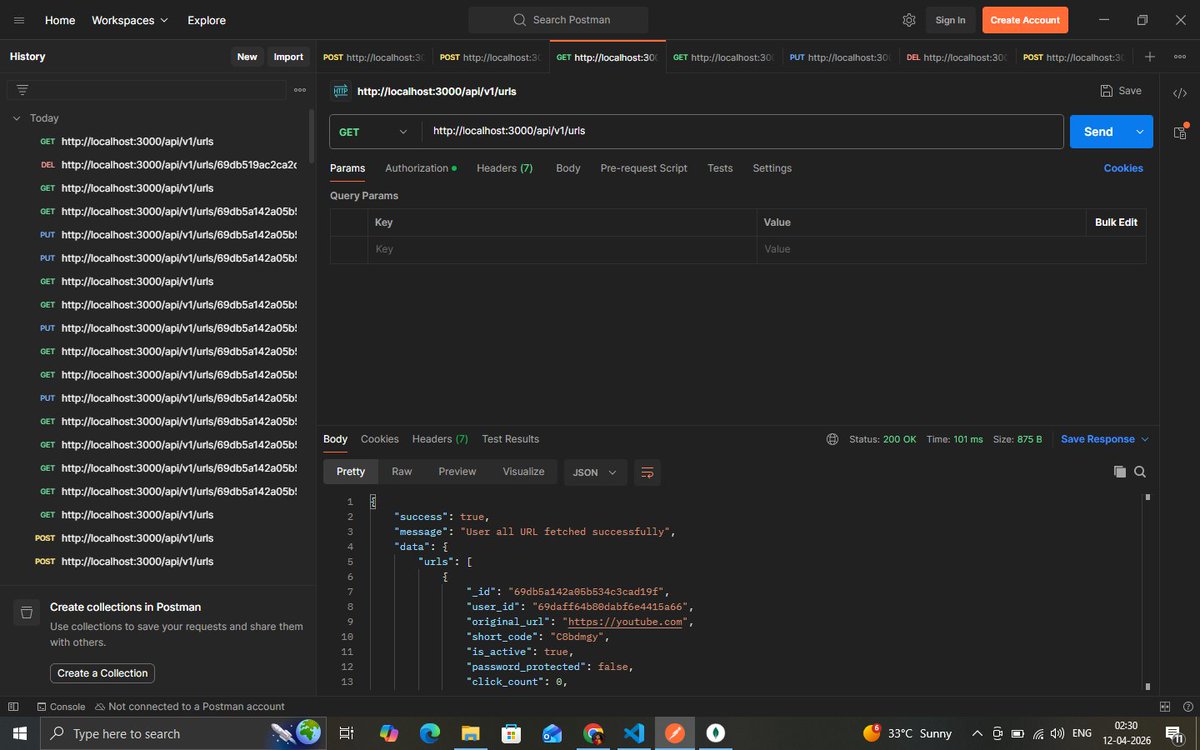 rasprogrammer's tweet photo. Short-URL Project Update!

Just completed the core backend for my URL shortener:

✅ Full CRUD API for URLs   
✅ Create, Read, Update & Delete endpoints   
✅ Redirection endpoint (short code → original URL)   ✅ Clean RESTful design

The API is now fully functional! Next up: Store clicks meta data + analytics.

#URLShortener #WebDevelopment #Backend #FullStack