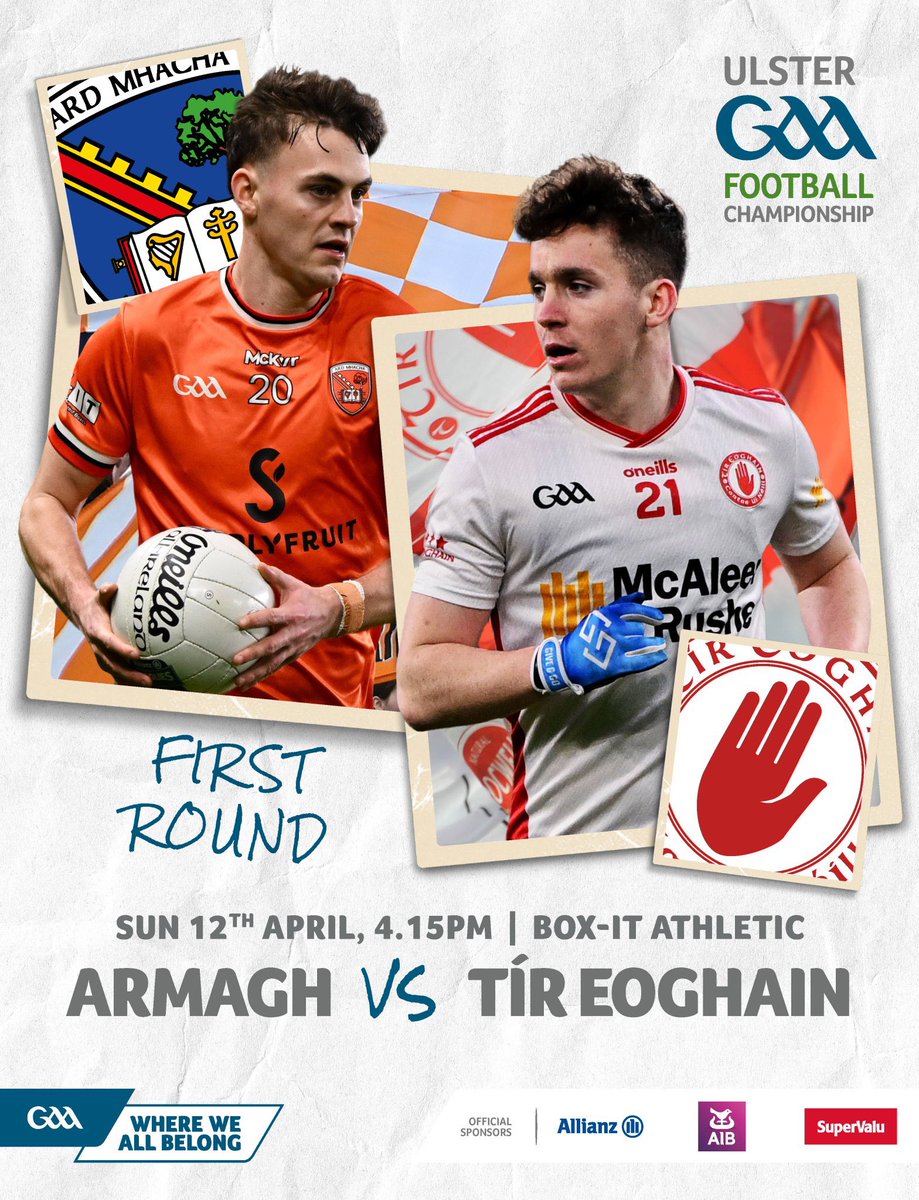 UlsterGAA's tweet photo. 🏐GAME DAY🏐

2026 Ulster Senior Football Championship First Round 🏆

@Armagh_GAA🟧⬜️ v @TyroneGAALive⬜️🟥 

⏰ 4.15pm
🏟️ BOX-IT Athletic Grounds, Armagh

📺 Live on @BBCSPORTNI &amp; @RTEsport 

#Ulster2026 https://t.co/KdynINbW8j