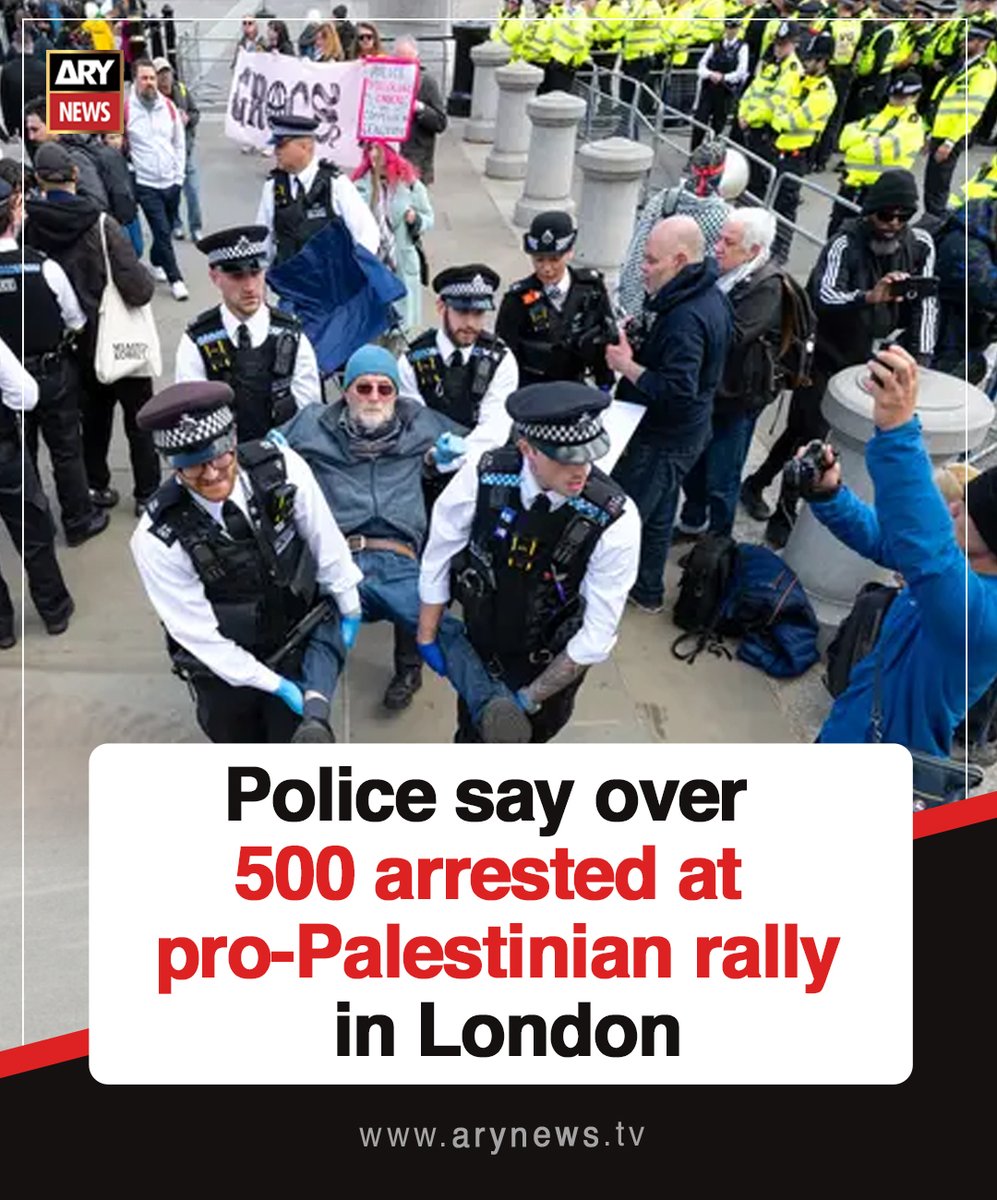 ARYNEWSOFFICIAL's tweet image. #Police say over #500arrested at pro-Palestinian rally in #London

Read More : arynews.tv/police-0ver-50…

#ARYNews