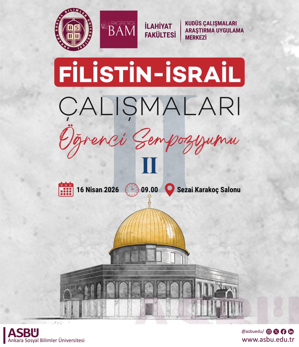asbu_ilahiyat's tweet photo. Fakültemiz ve BAM iş birliğiyle düzenlenen "Filistin-İsrail Çalışmaları II Öğrenci Sempozyumu" 16 Nisan'da gerçekleşiyor!
Farklı disiplinlerden genç araştırmacıların güncel tahlilleriyle zenginleşen bu akademik buluşmaya tüm öğrencilerimiz davetlidir. 🌿 https://t.co/ODUY6ibdTH