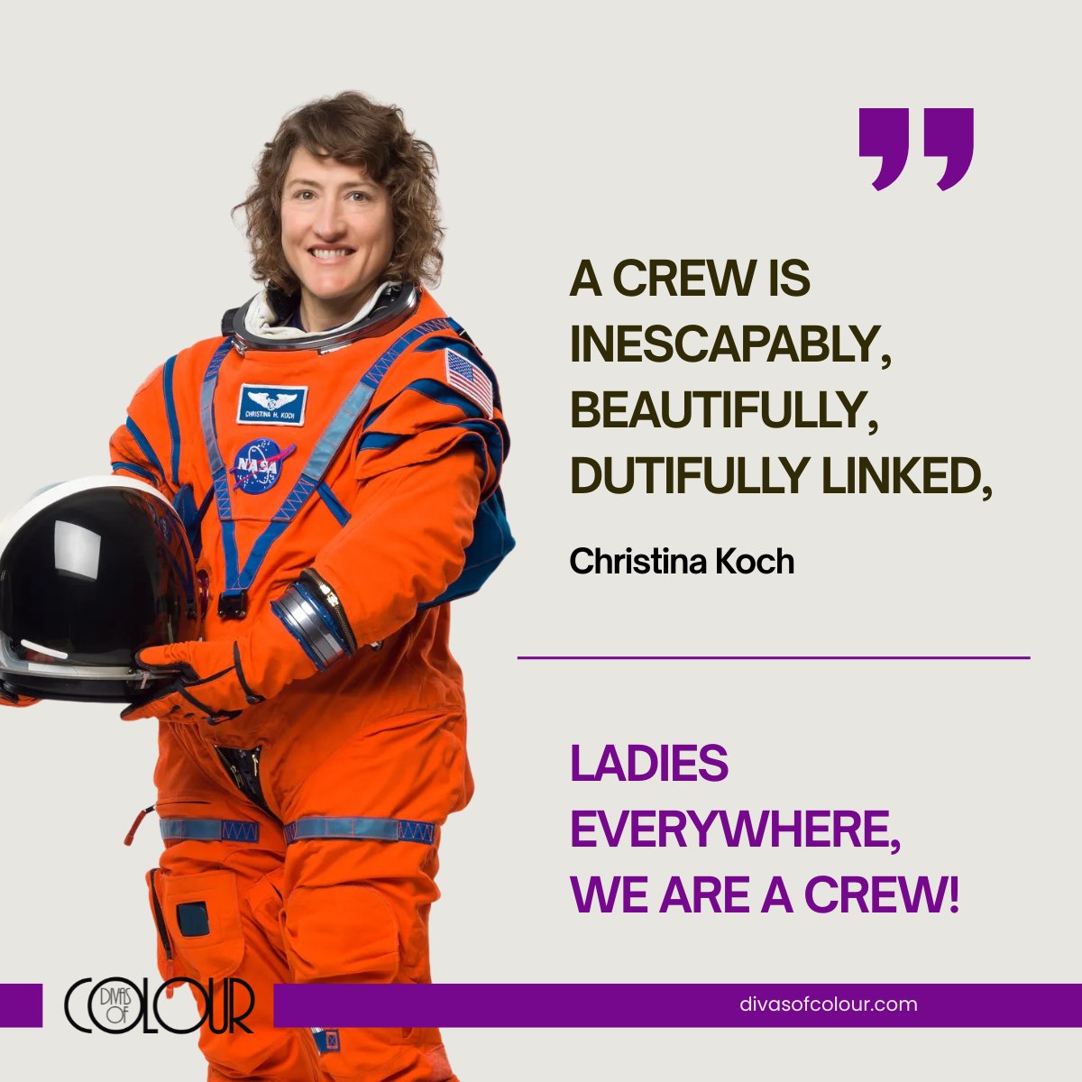 Divasofcolour's tweet photo. Congratulations to Christina Koch on her successful journey to the Moon. You are an inspiration to us all. Ladies, we are a crew!🚀
#ArtemisII https://t.co/mWooqqsbOd