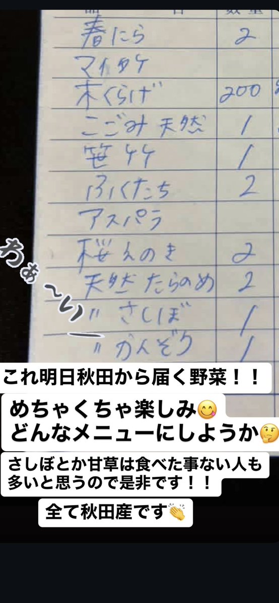 明日秋田産の野菜をいろいろと送ってもらうので今からワクワクです😊

皆さんに秋田の美味しい野菜食べてもらえるよう頑張ります！！