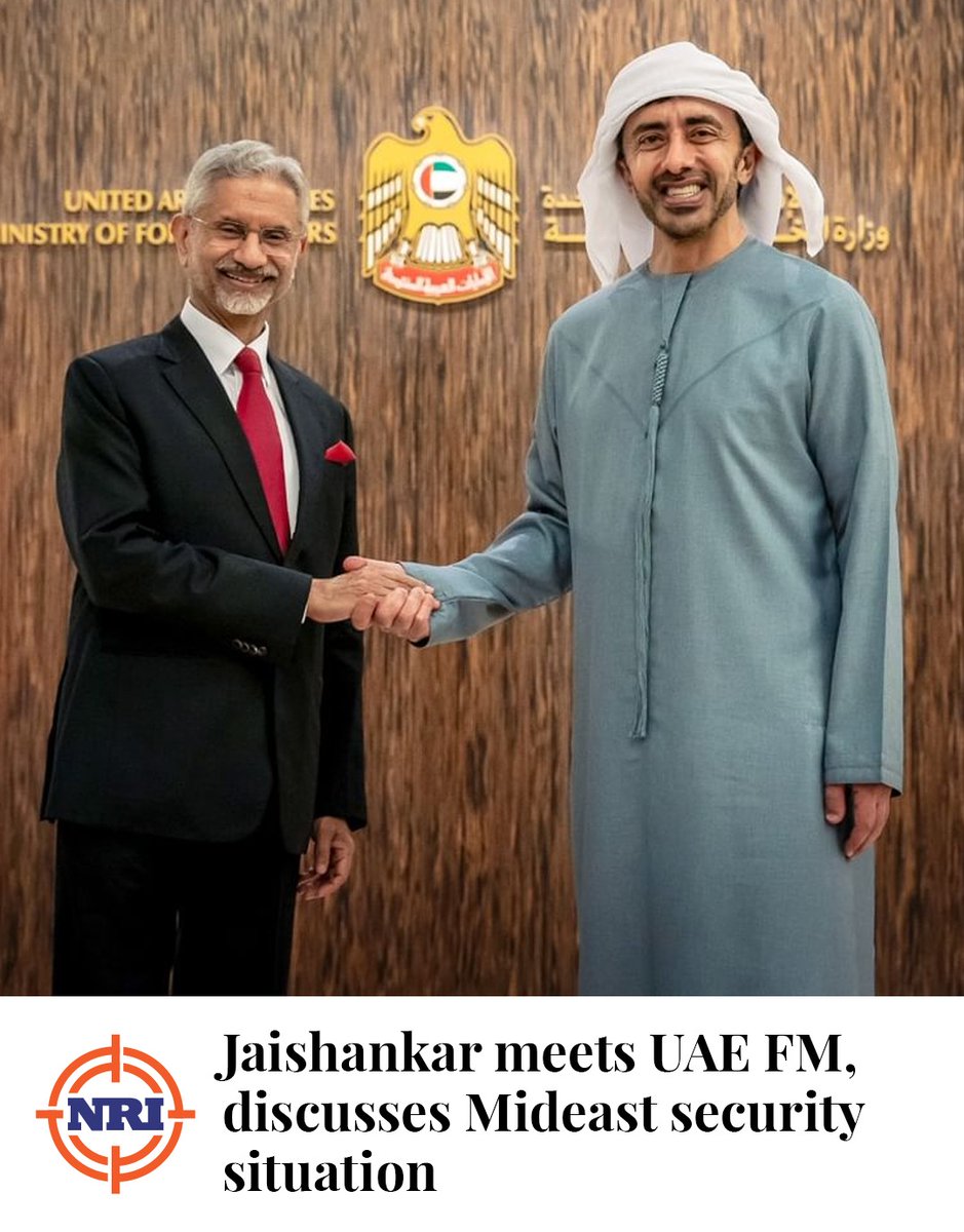 Jaishankar meets UAE FM, discusses Mideast security situation

Read the full story:
nrifocus.com/NRI-Focus/jais…

#UAE #India #middleeast #Iran #conflict #US 
<a href="/DrSJaishankar/">Dr. S. Jaishankar</a> 
<a href="/HHShkMohd/">HH Sheikh Mohammed</a> 
<a href="/IndianDiplomacy/">Indian Diplomacy</a> 
<a href="/DXBMediaOffice/">Dubai Media Office</a>