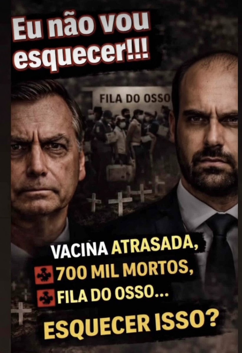 EU NÃO VOU ESQUECER O DESGOVERNO CRIMINOSO DE BOLSONARO! INAÇÃO, NEGAÇÃO E SABOTAGEM ATRASARAM AS VACINAS, MATANDO CENTENAS DE MILHARES DE BRASILEIROS. BANANINHA INCENTIVAVA O NEGACIONISMO, MAS CORREU PARA SE VACINAR. MALDITOS HIPÓCRITAS ! 
NÃO VOTEM EM NENHUM BOLSONARO, NENHUM.