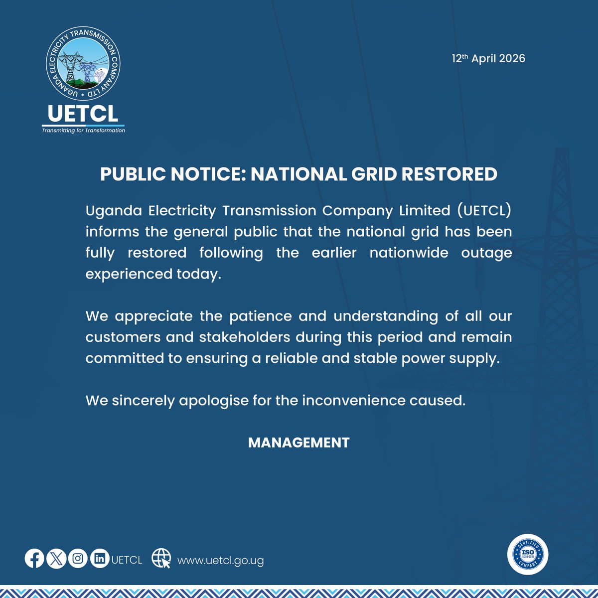#Update: The national grid has been fully restored.