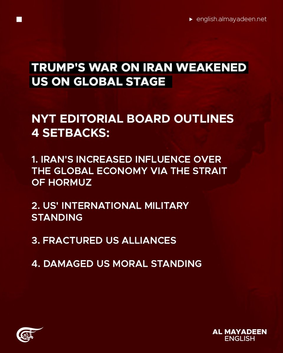 MayadeenEnglish's tweet image. The New York Times editorial board argued that #US President Donald Trump’s war on Iran has dealt a serious blow to American power, warning the country is now "on the cusp of a humiliating strategic defeat" following a joint war, with "Israel", driven by "gut instinct and