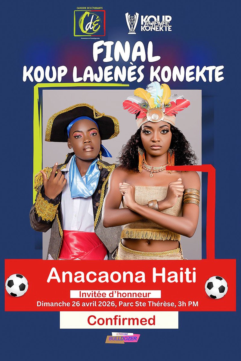 tilaforet's tweet photo. Anacaona Haiti confirmée @ Parc St Therese 26 avril, grande finale KLK "Koup Lajenès Konekte" 3hpm 300 gdes à l'avance. (E-flyer CONFIRMED)

@citoyendidier @PrimatureHT @PresidenceHT @TICKETmaghaiti @nouvelliste @Frantzduval @carelpedre @sogexpress @paryajpam6 @LeNationalHaiti https://t.co/Qjwf0Qgauf