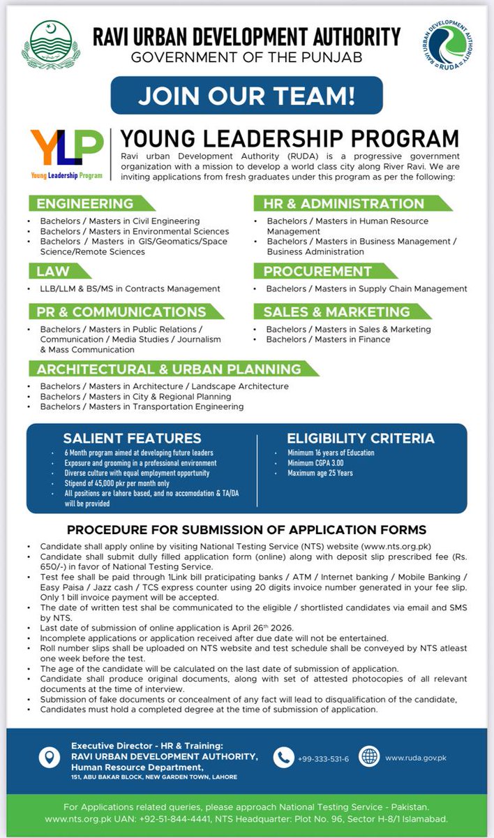 Young Leadership Program (YLP) at #RUDA, #GovtofPunjab
Empowering Your Potential, Securing Your Future.
Our Best Interns Become Our Best Employees. Apply Now!
Last date of Submission of Online Application is April 26th, 2026.
nts.org.pk
ruda.gov.pk/careers