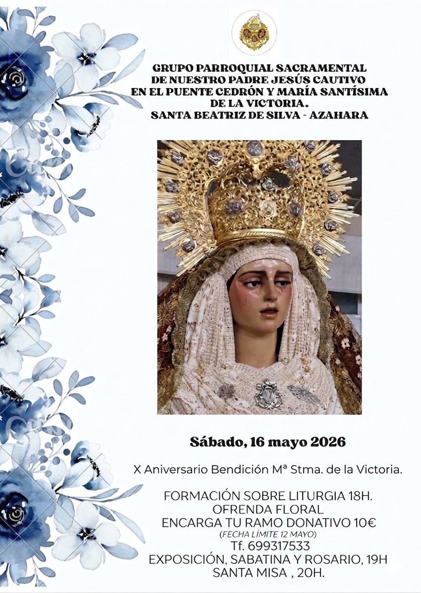 El próximo sábado 18 de abril, Sabatina de este mes.
El domingo 26 de abril, la V Salmorejá en los salones. Puedes colaborar con tu empresa ayudando en los gastos de la misma. Colabora! 
El próximo 16 de mayo, sábado, ofrenda floral y misa por el X aniversario.
#CautivoyVictoria